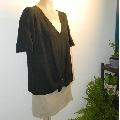 Lilla P V-Neck Top Women Large Black Front Tie Cotton Slub Cuffed Sleeve Capsule - Image 1 of 4