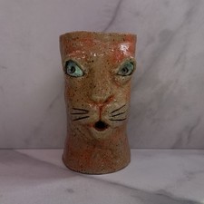 Quirky Studio Art Pottery Cat Head Artist Marked Air Plant or Incense Holder 4”