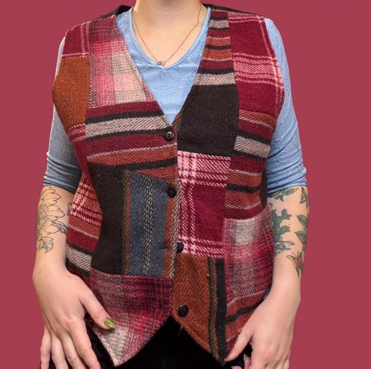 80s 90s Retro VTG Plaid Patchwork Button Up Vest,… - image 1