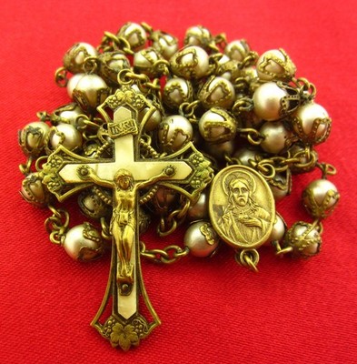Vintage IMITATION PEARL Rosary FILIGREE Endcaps JESUS MARY Center Catholic Holy