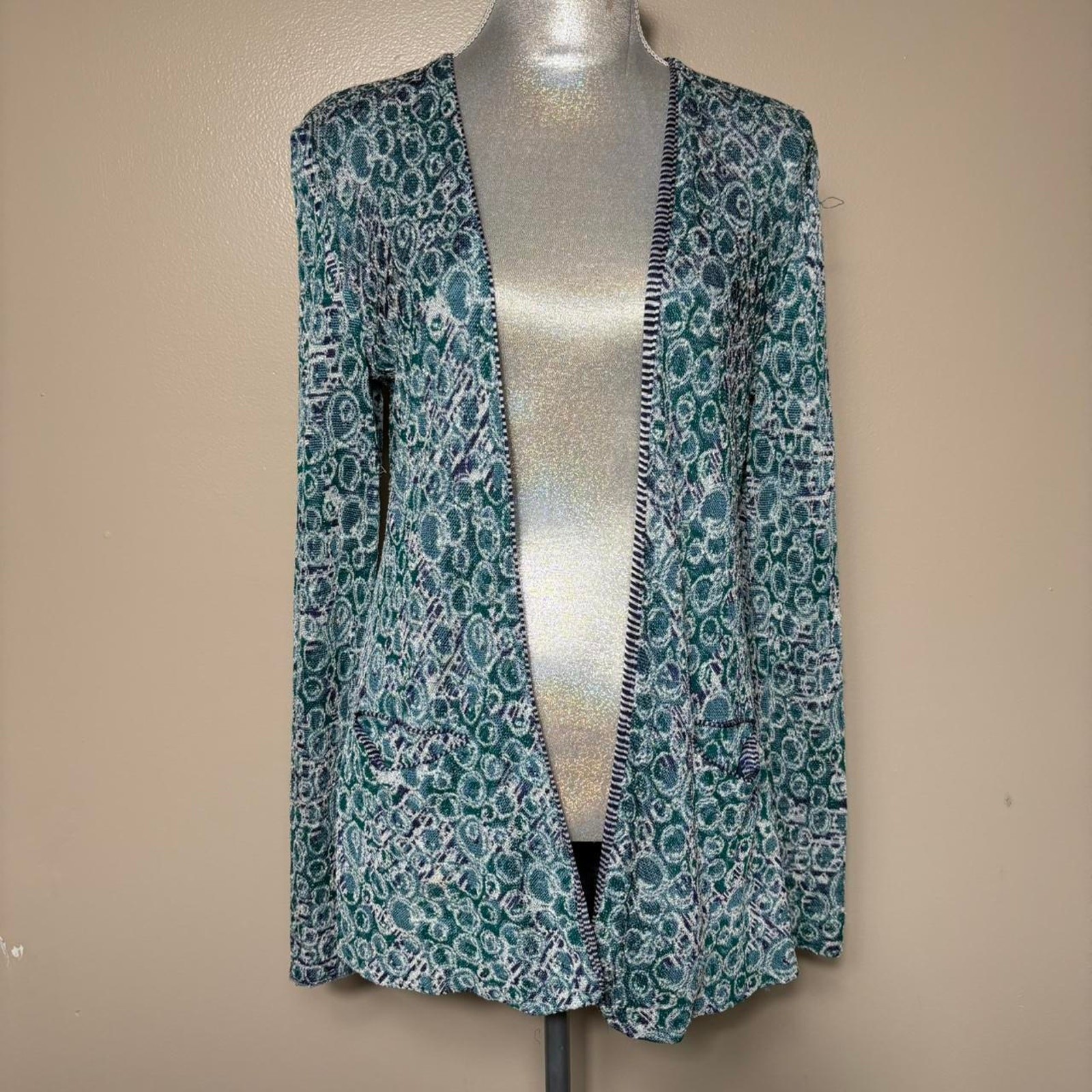Missoni Womens Textured Knit Open Cardigan Green Blue Abstract Size S/M Italy