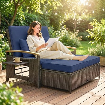 Outsunny Rattan Outdoor Daybed w/4-Level Adjustable Backrest, Navy Blue