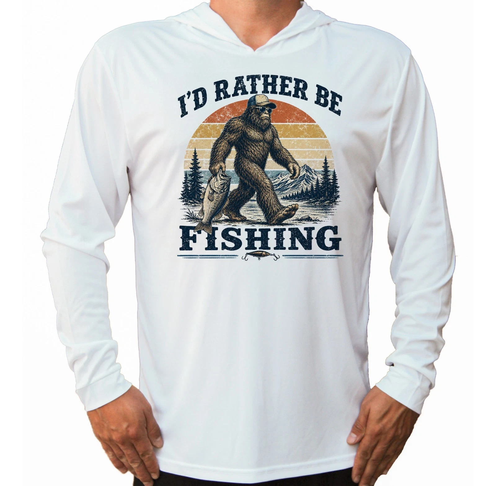 Fishing Bigfoot Sasquatch Retro Sun UV Protected UPF 50 Long Sleeve T-Shirt Hood
