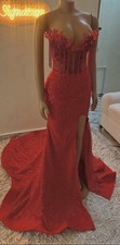 Women’s Red S Strapless Sweetheart Sequin Beaded Lace Mermaid Gown Slit