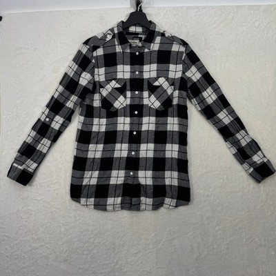 Express Plaid Shirt Womens M Black White Boyfriend Flannel Cotton Button Down