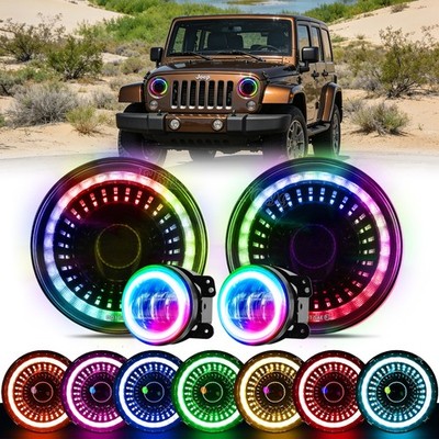 7'' RGB LED Starry Halo Headlights & 4'' Fog Lights Kit For Jeep Wrangler JK JKU