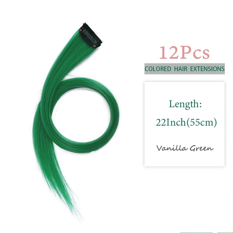 Lot de 12 mèches de cheveux à clipser Vert gazon 55 cm Extensions à clip ... - Photo 2/4