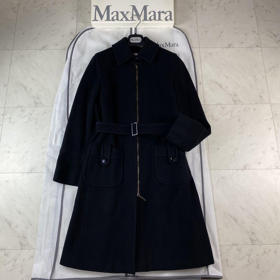 MAX&Co. Belted Coat Zip-up Size 42 Black Wool Long Length MAX&Co. Belted Coat Zip-up Size 42 Black Wool Long Length