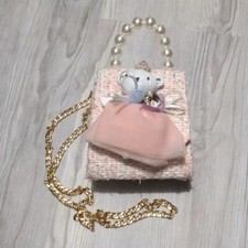 Kids bear princess purse chain straps, faux pearl handle handbag play pretend 