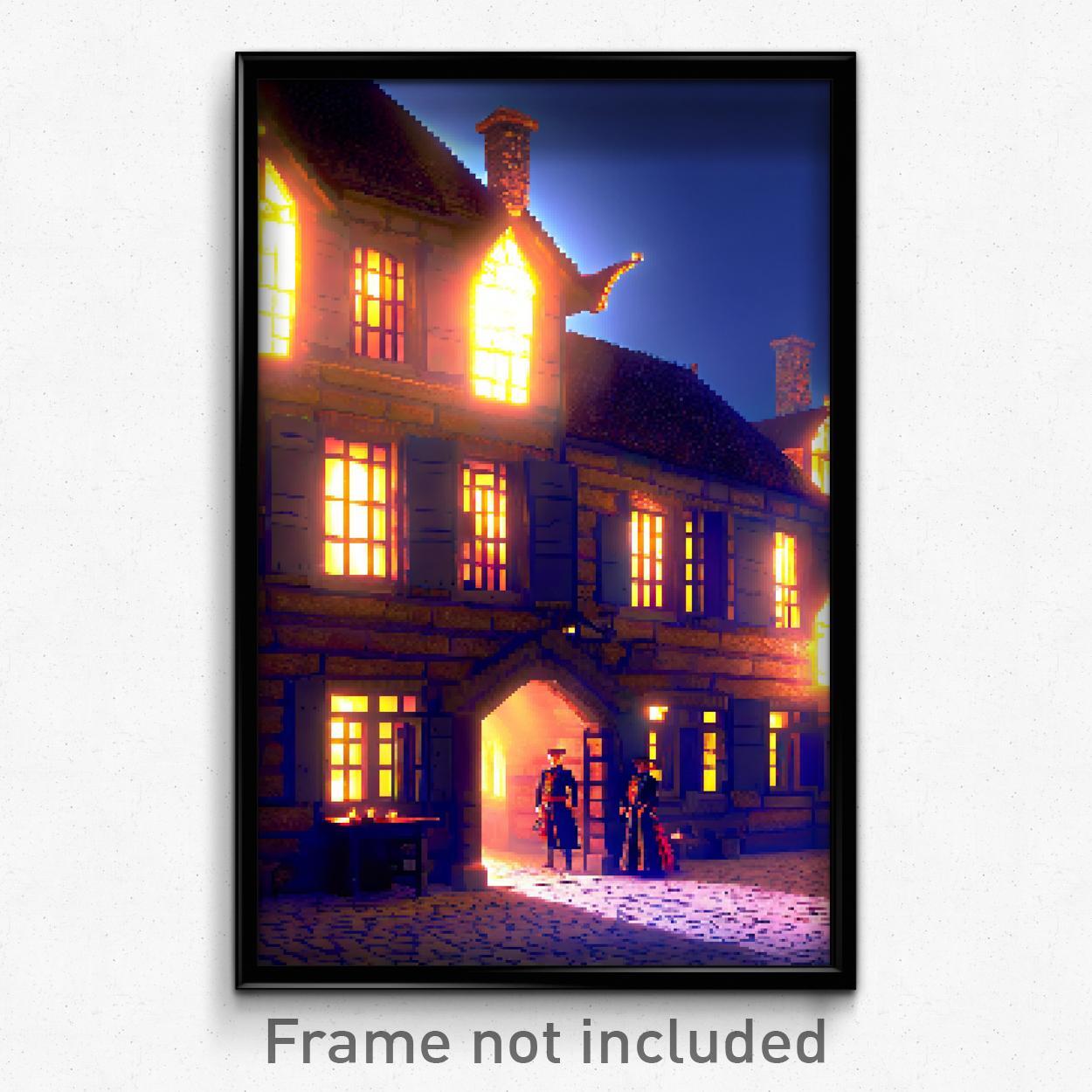 Pixel Art Poster - Detailed Almshouse (8 Bit Psychedelic Video Game Print)