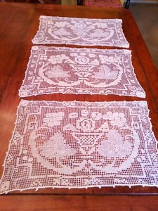 3 Antique lItalian Hand Knotted Filet Lace Placemats-HANDMADE-Grapes & Vine