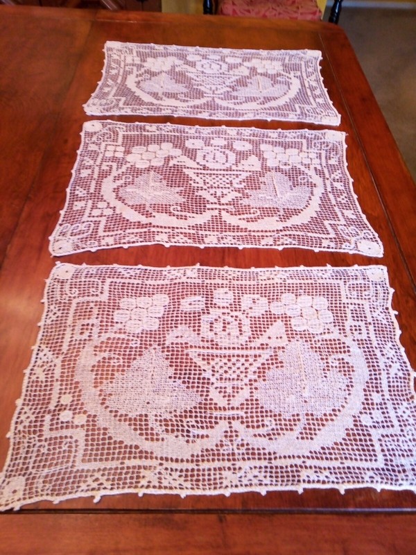 3 Antique lItalian Hand Knotted Filet Lace Placemats-HANDMADE-Grapes & Vine