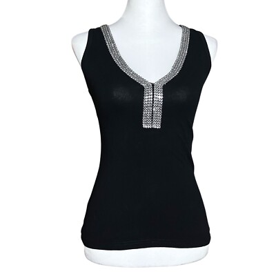 Y2K Vintage Black Tank Silver Rhinestones Small McBling Frederick s of Hollywood