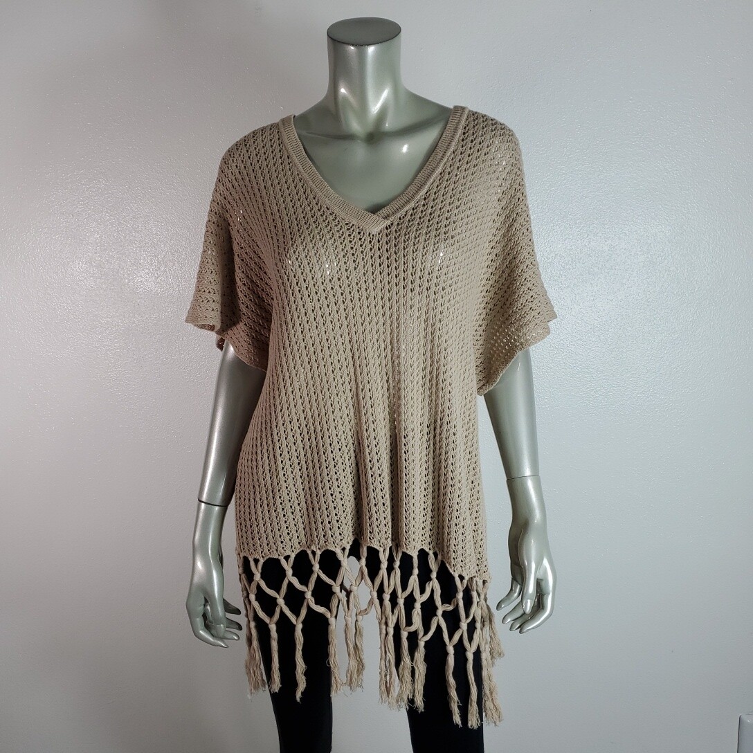 Cabi 292 Pullover Fling Fringe Crochet Sweater Medium VNeck 100