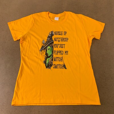 Ladies Size Large Buckle Up Buttercup Witch Switch Funny Halloween Graphic Tee