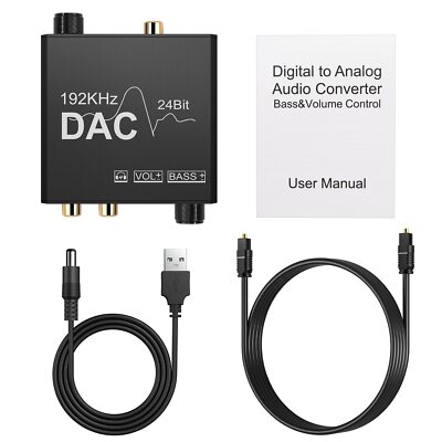New 192kHz Digital to Analog Audio Converter With Bass+Volume Control 3.5mm Jack