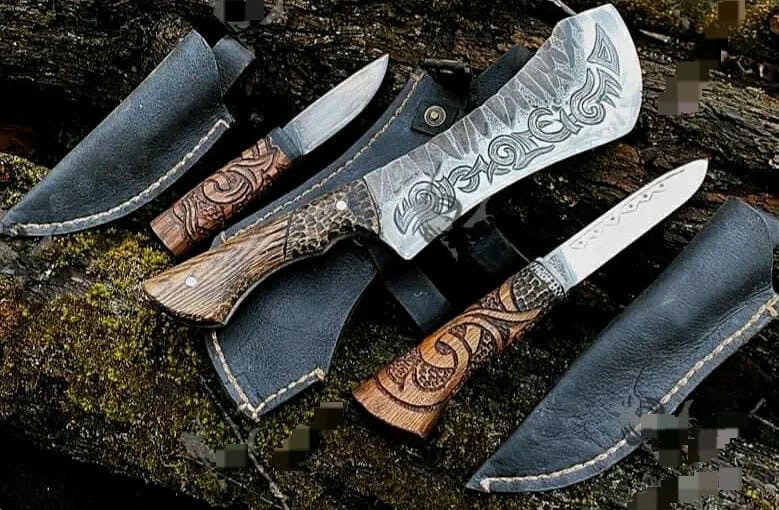 Handmade Wooden Carving Handle Knife 3 With Leather Cover Perfect Thanksgiving