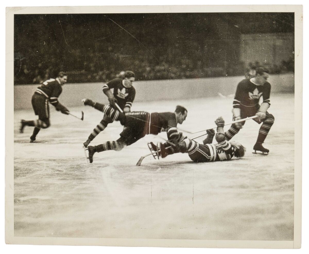 Original 1950s Toronto Maple Leafs Action Cross Check NHL Hockey Game  Photograph