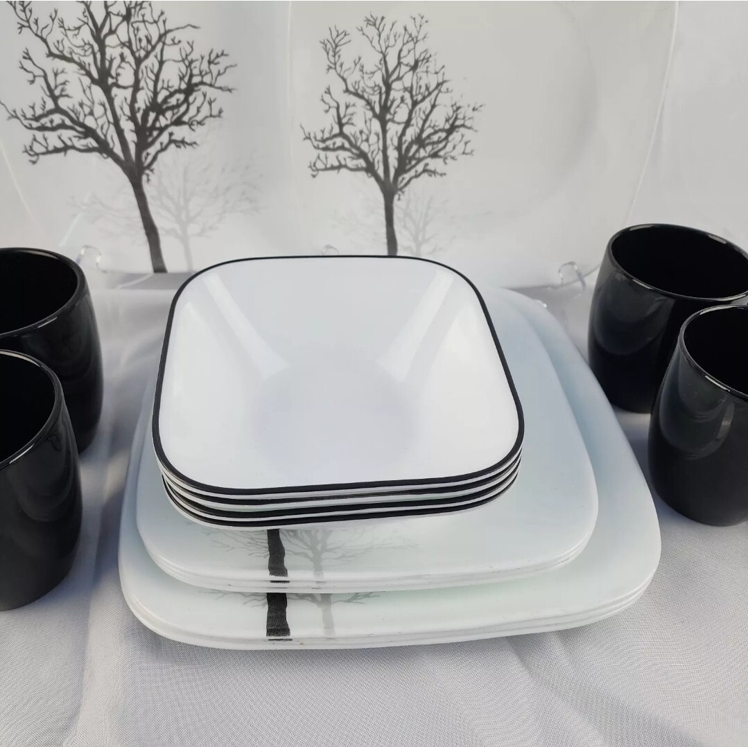 Corelle Square Timber Shadow Dinnerware 16-Pc With Black Mugs
