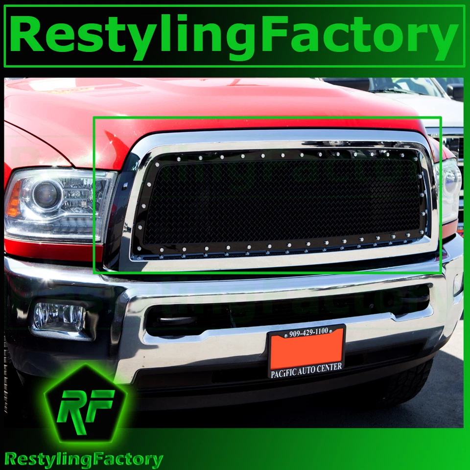 Remache + Rejilla de malla negra + Carcasa cromada para 10-18 Dodge RAM 2500+3500+HD Foto 2 de 2