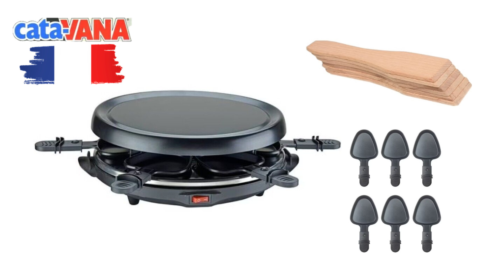 Appareil à raclette et gril 6 personnes avec poêlons et spatules en bois