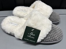 NEW Laura Ashley faux fur Slip on house slippers textured Gray Lg 8-9 spa collec