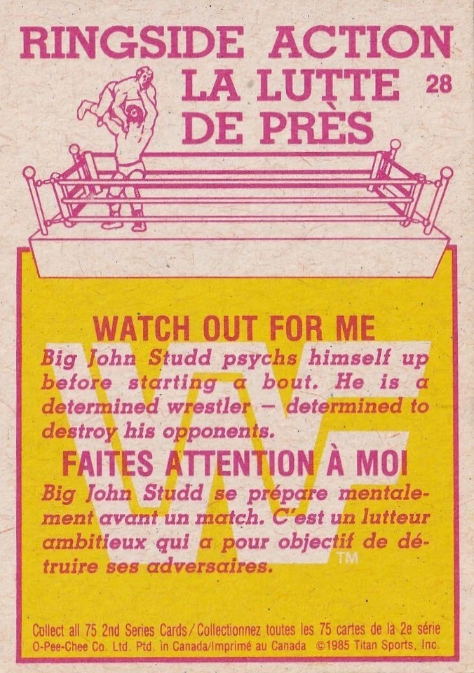 Big John Studd 1985-86 O-Pee-Chee WWF Series 2 Rookie Card #28 WWE RC Watch Out - Image 2 of 4