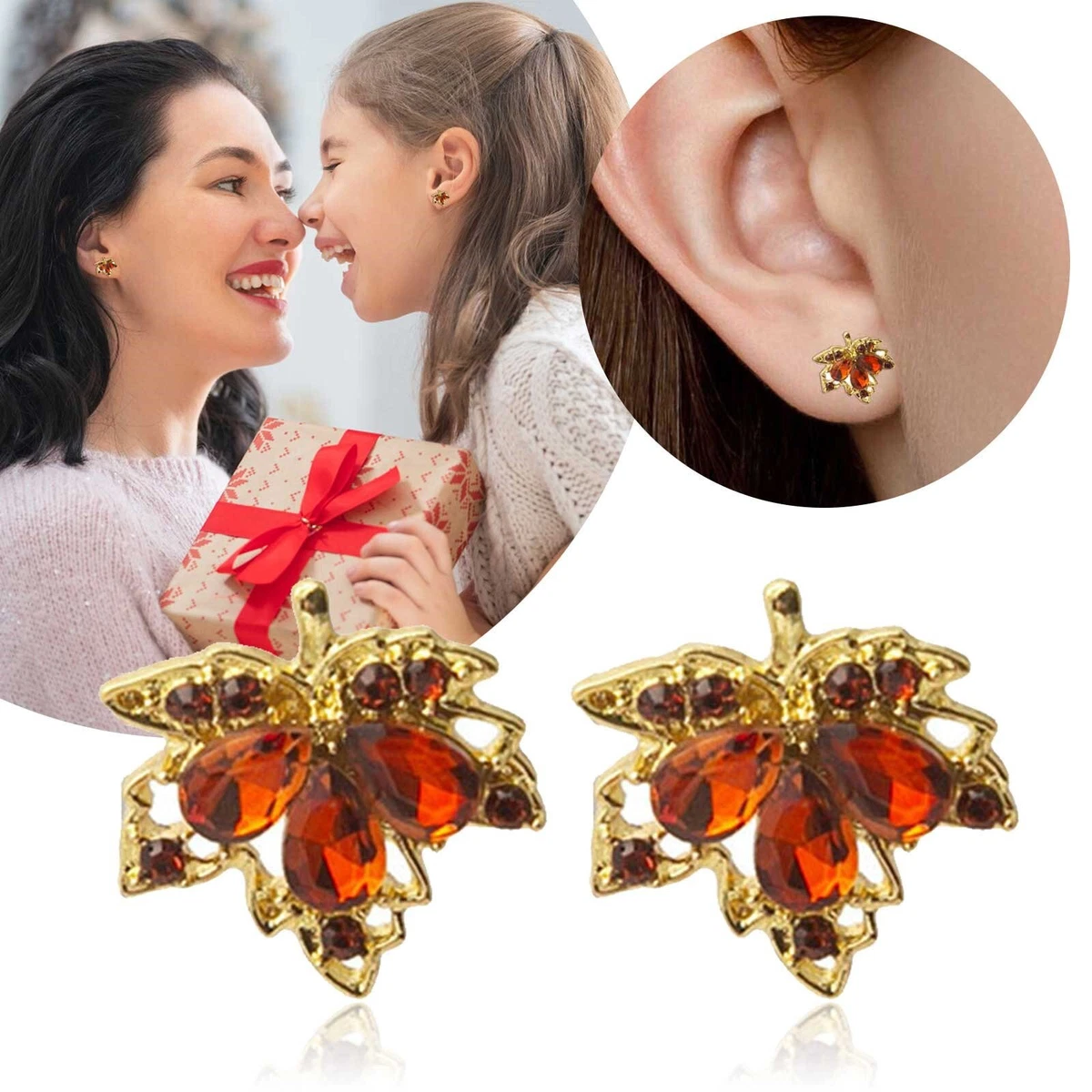 Sparkling Diamond Water Drop Maple Leaf Earrings Light Luxury Small Romanticss