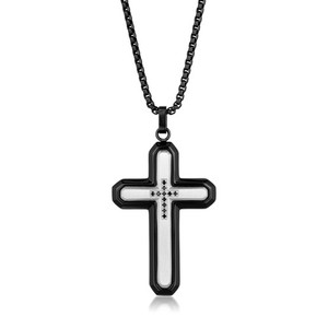 Stainless Steel Black Ion Plated Cross Pendant with 0.06 Carat Diamonds - 24"