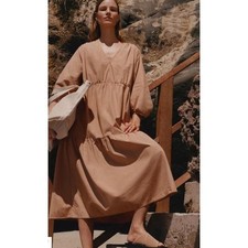 Everlane The Tiered Midi Dress Tan V Neck Long Sleeve Cotton Size M