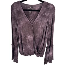 American Eagle Soft Sexy Women’s Blouse MED Purple Tie Dye Faux Wrap Bell Sleeve