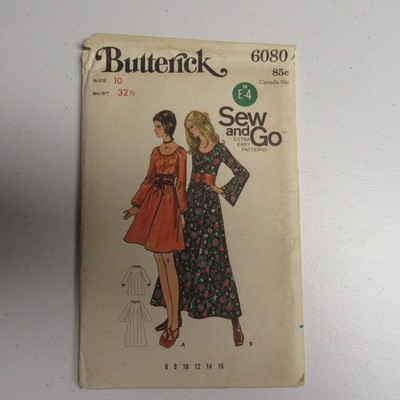 Butterick 6080 1970s Peasant Dress Pattern Mini & Maxi Sew and Go Sz 10