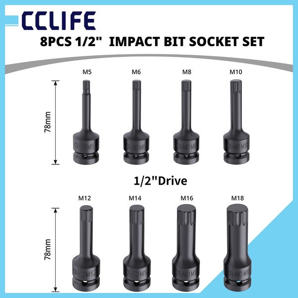 Xzn Bit Stecknuss Satz 8Tlg 1/2 Zoll Innenvielzahn M5 M6 M8 M10 M12 M14 M16 M18-image