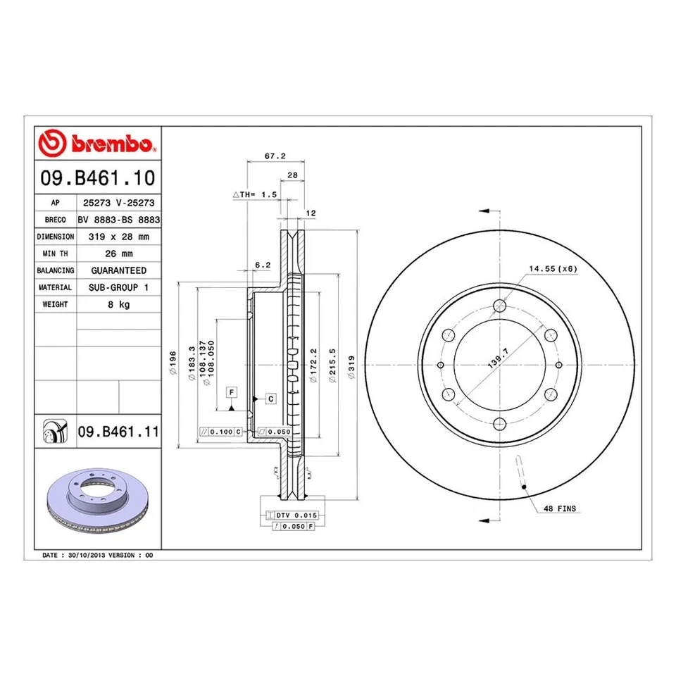 For Toyota Tacoma 05-23 Brembo UV Coated Series Plain Vented Front Brake Rotor - Image 2 of 4