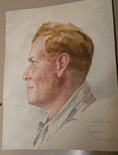 AQUARELLE ANCIENNE PORTRAIT D'HOMME SIGNÉE H. W. SWAN 1950 AYZAC 31X25CM