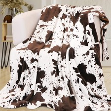 Cow Print Fuzzy Fleece Throw Blanket Couch Bed Decor Brown/White Fits 50x60 Inch
