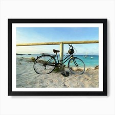 Bicycle By Beach Fence Art Print Framed Wall Art Poster Canvas Print Picture