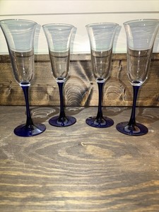 Cobalt Blue Stem Luminarc Fluted Champagne Glasses,5 oz, Set of 4, 8.5" Tall