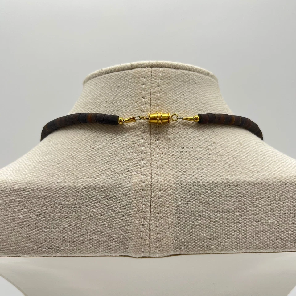 Vintage Heishi Necklace Brown White Brass Disc Beads Surfer Boho Statement - Image 4 of 4