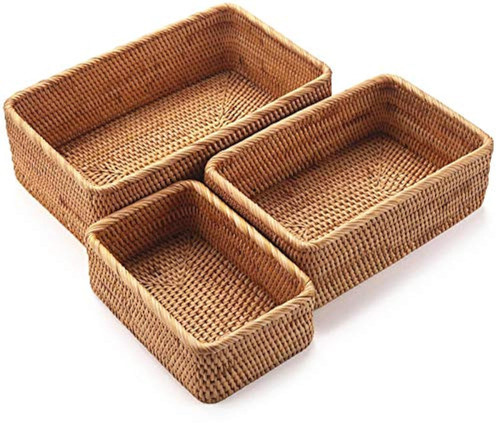Natural Rattan Storage Baskets, Rectangular Woven Fruit Baskets, Wicker Decor...