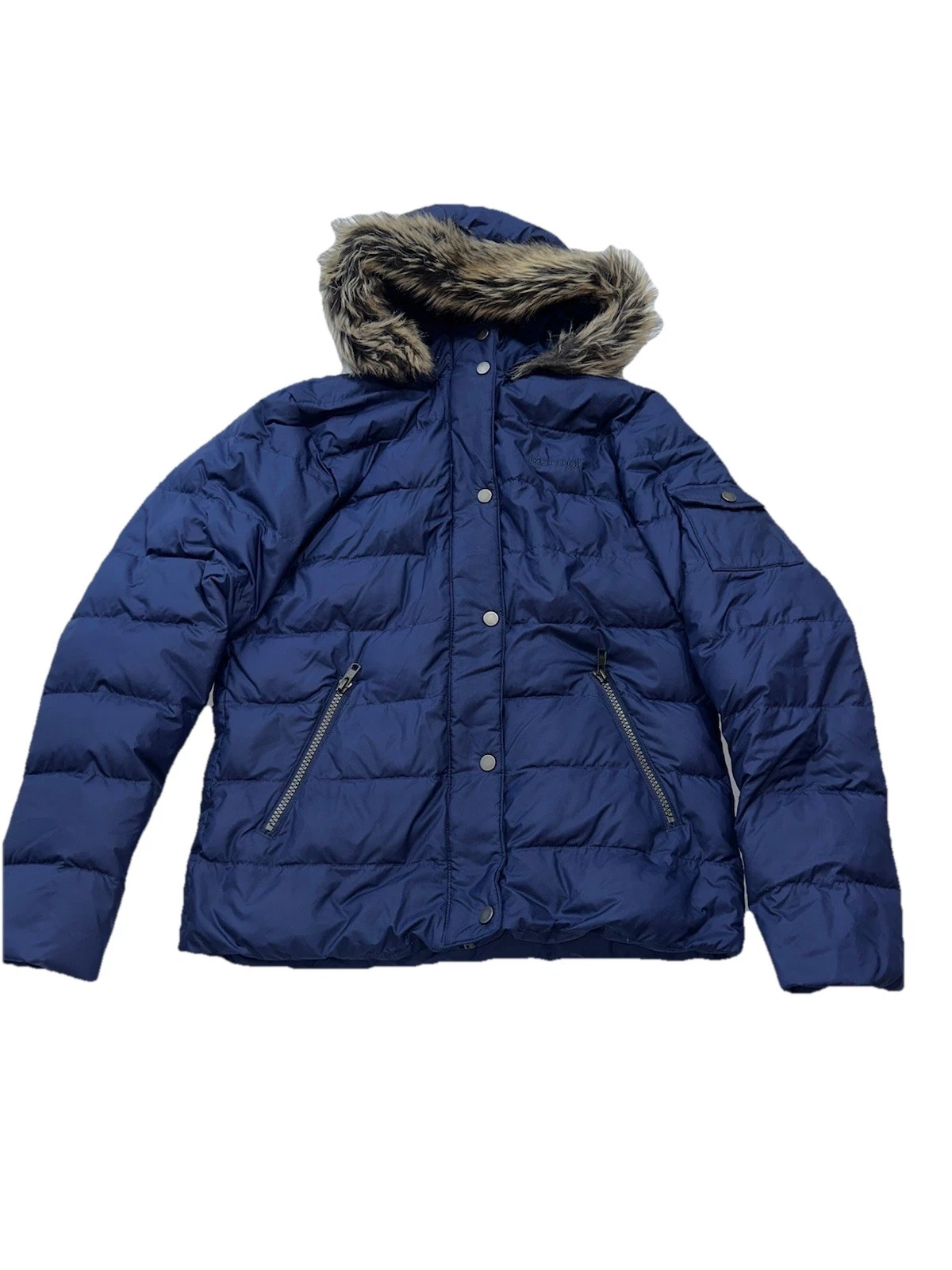 Marmot Girls Large Blue 700 Fill Down Faux Fur Hooded Jacket Coat Puffer