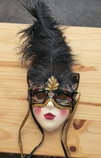 Vintage Clay Art Hand Painted Art Deco Lady Wall Mask Feathers  Black