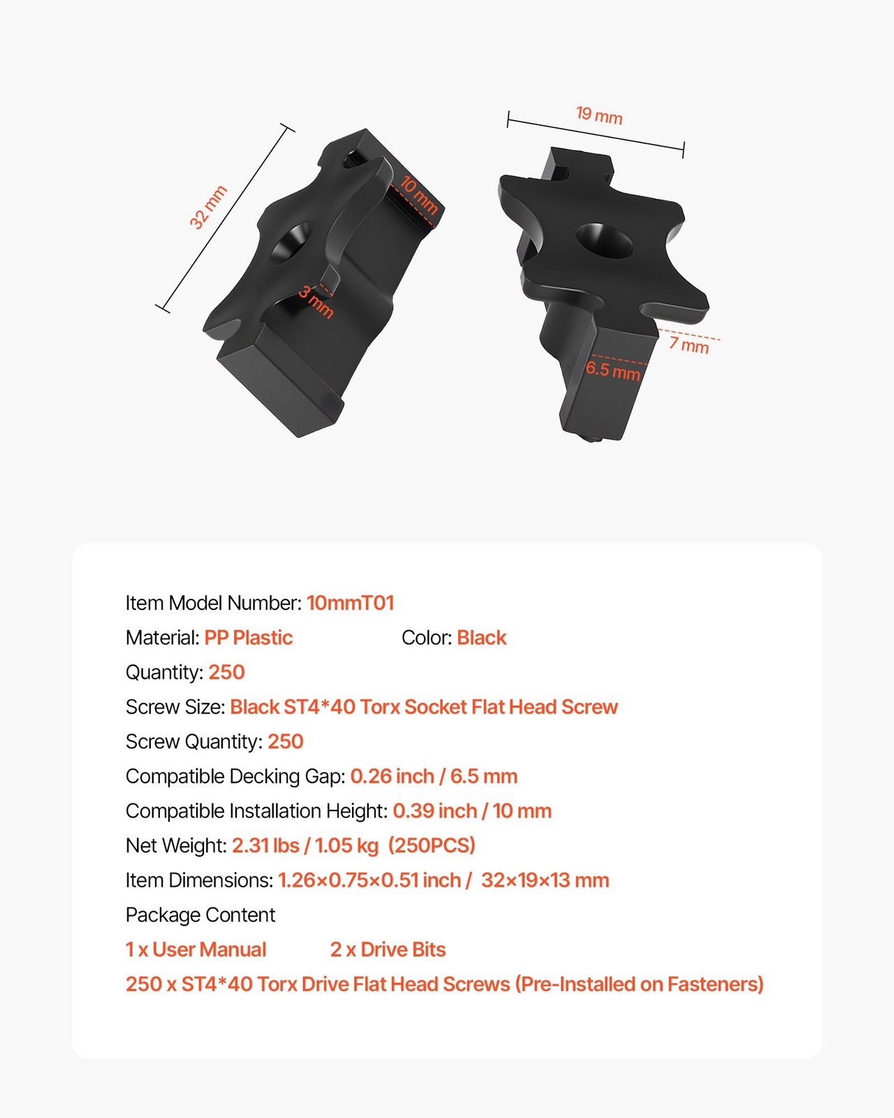 VEVOR 250PCS Hidden Deck Fasteners for Composite Decking Board,Universal Composi