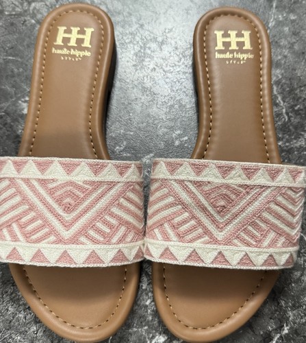Haute Hippie Damen gewebte Pantolette Sandale pink weiß Größe 9