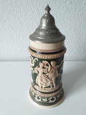 Bierkrug Steinzeug Zinn Montierung Hochzeitskrug um 1890 , 250226K-6