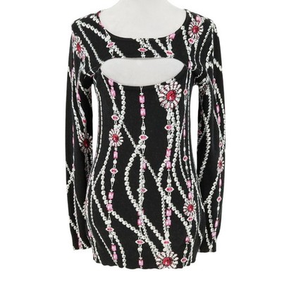 Cache Sweater Womens Medium Black Pink Low Cut Out Jewelry Print Pullover