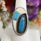 Vintage Sterling Silver Native American Shadow Box Turquoise MOP Ring Band 6.5