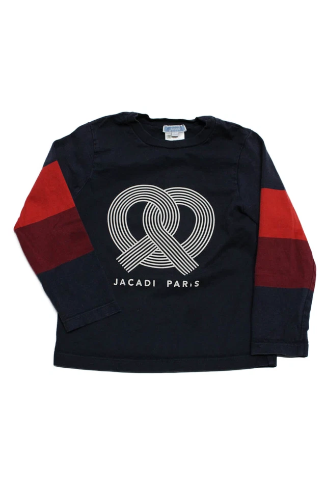Jacadi Boys Striped Long Sleeve Crew Neck Logo Pretzel Tee Shirt Navy Size 6 - Image 2 of 4