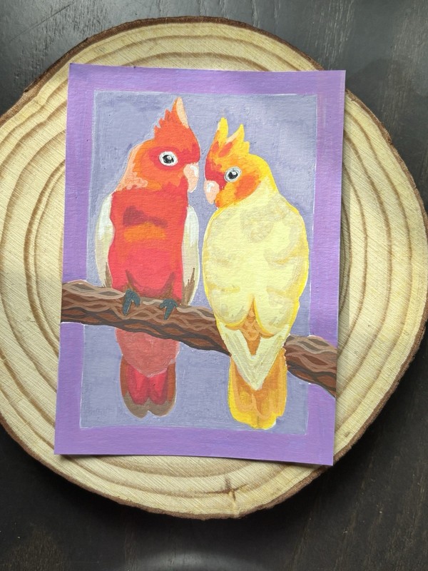 Original ACEO Acrylic Mini Painting Parrot Bird Couple Hand-drawn Signed Macaw
