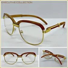 Men Classy Elegant Sophisticated RETRO Style Clear EYE GLASSES Gold & Wood Frame